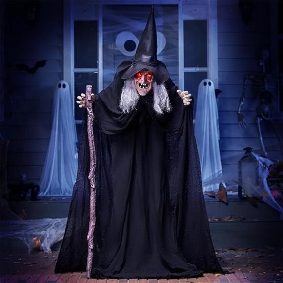 72" Outdoor Halloween Decorations Animatronics Witch with Cane, Life Size - Picture 7 of 7